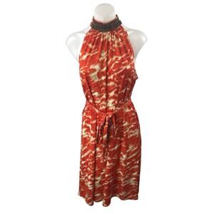 Michael Kors Coral Tie Dye Sleeveless Halter Beaded Fit & Flare Midi Dress Sz M